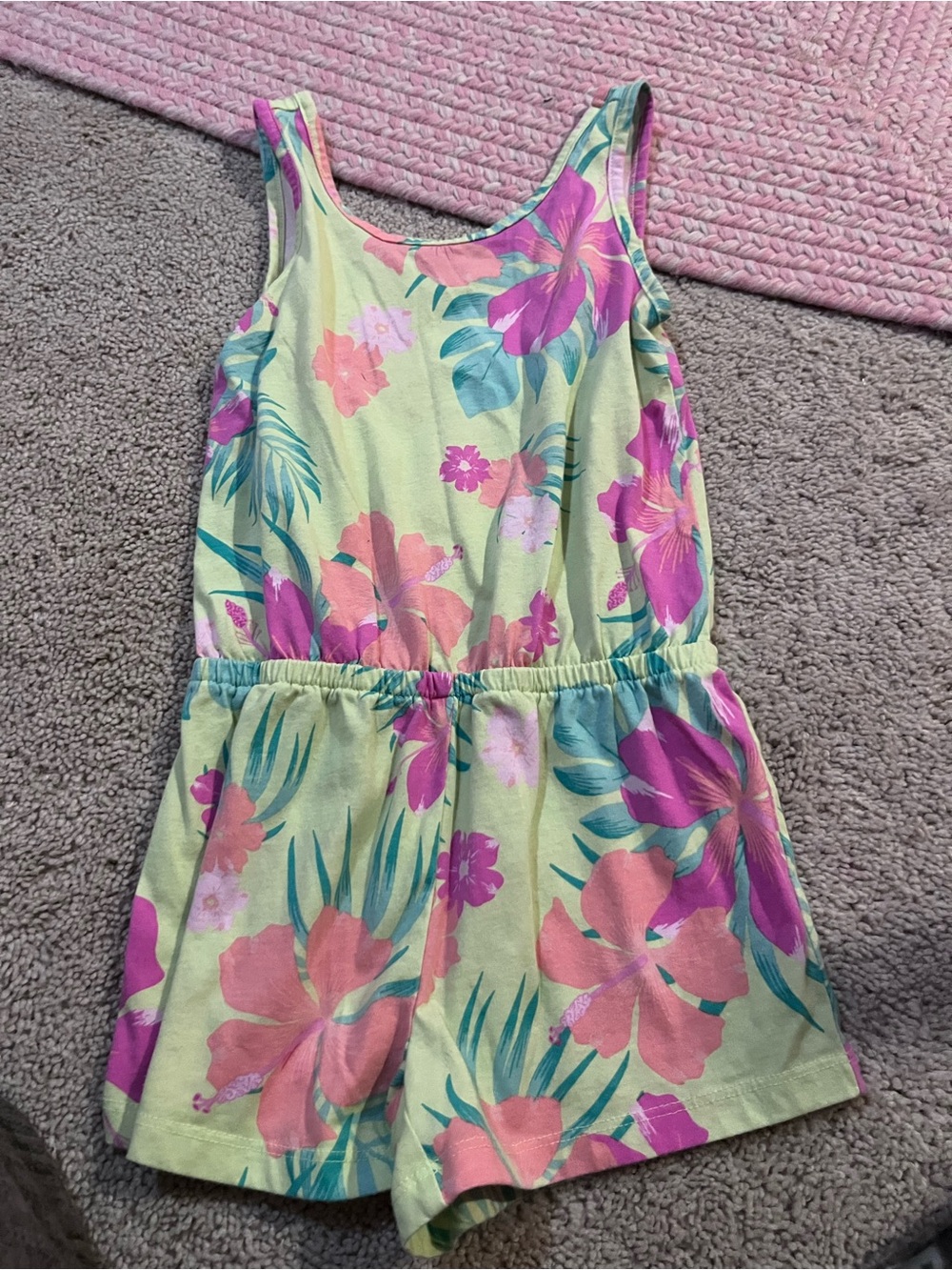 Place Floral Tank Romper in Light Green with Pink